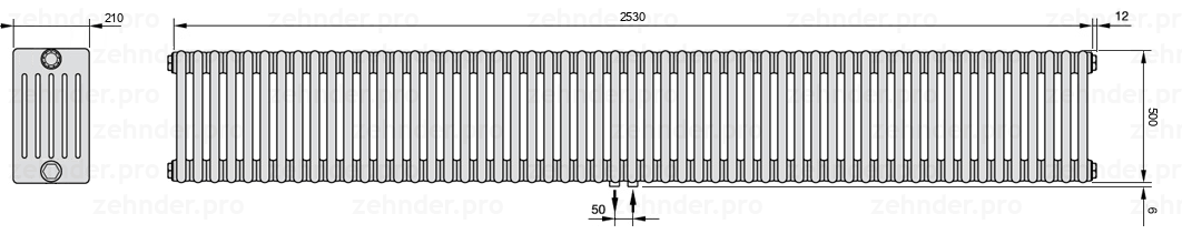 Схема (чертеж) Радиатор Zehnder Charleston 6050/55 №5410 Белый глянцевый RAL 9016